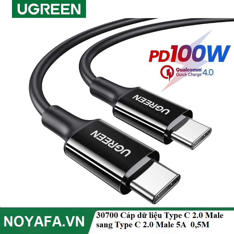 UGREEN 30700 Cáp dữ liệu Type C 2.0 Male sang Type C 2.0 Male 5A màu đen 0,5M cao cấp