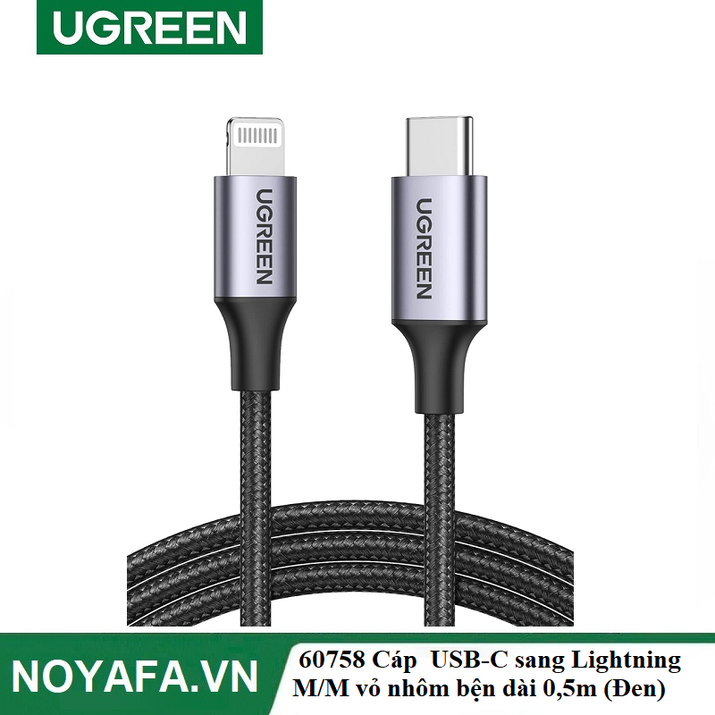 UGREEN 60758 Cáp  USB-C sang Lightning M/M vỏ nhôm bện dài 0,5m (Đen)