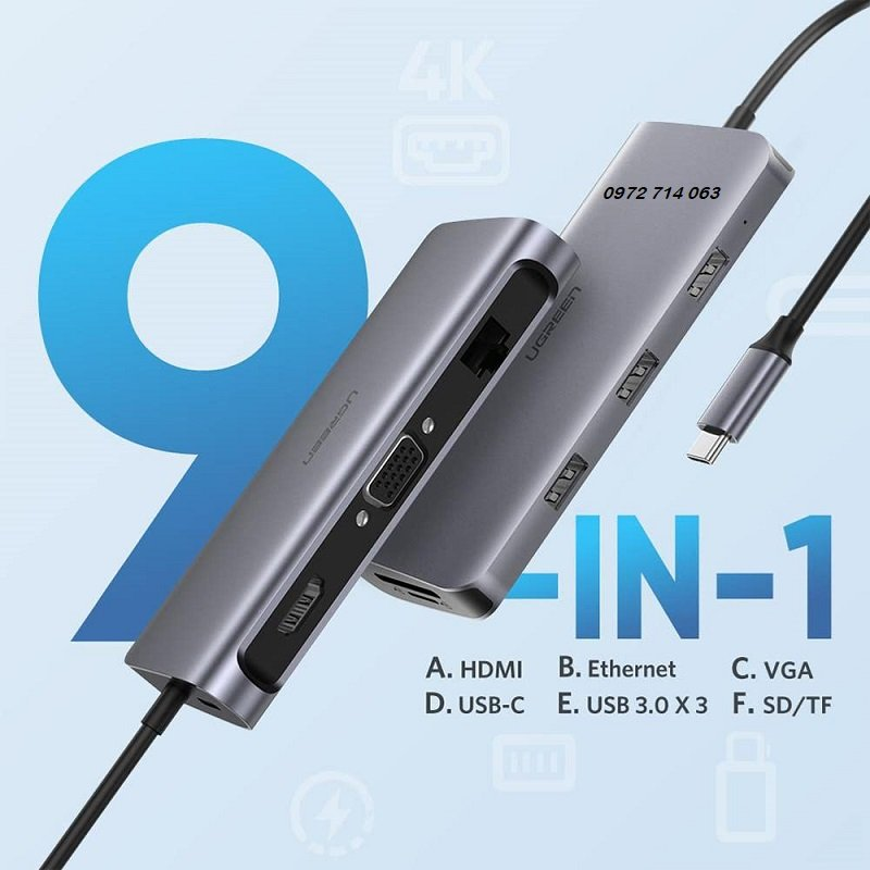 UGREEN 70490 Bộ chuyển đổi đa chức năng USB-C  (Xám không gian) 4k@60hz