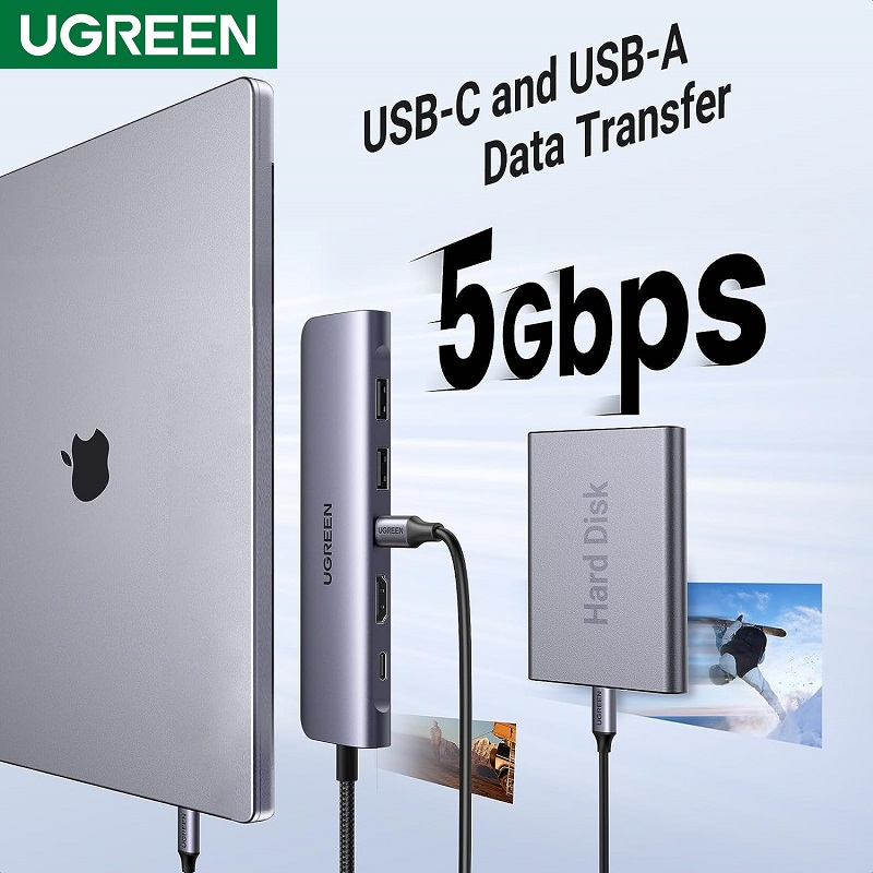 Ugreen 15214 Bộ chuyển đổi USB-C đến 2xUSB3.0+USB-C+HDMI+SD&TF+PD 4K@30Hz