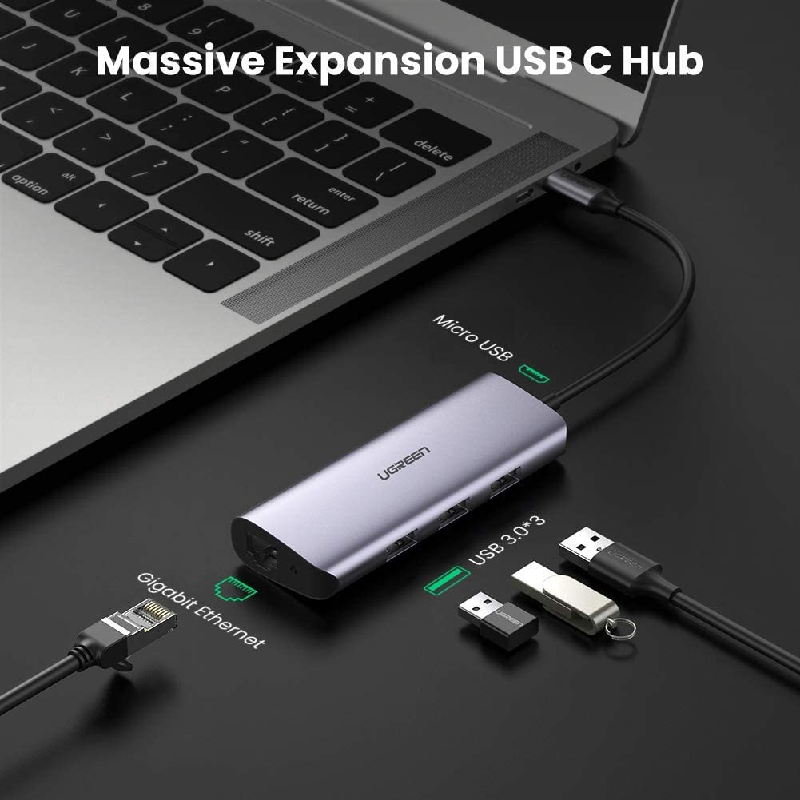 Ugreen 60718 Bộ chuyển đổi đa chức năng USB-C sang 3 x USB 3.0+RJ45+Micro USB