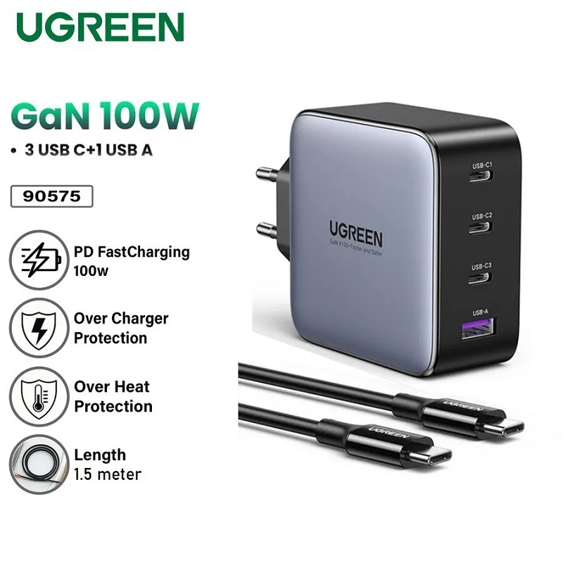 Ugreen 90575  Bộ sạc nhanh Nexode chip GaN 100W Màu Đen gồm 3 cổng USB-C + USB-A kèm dây cáp