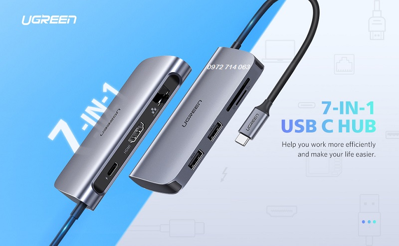 Ugreen 50852 - Bộ chuyển đa năng USB-C sang 2xUSB3.0+HDMI 4K30HZ+RJ45(Gigabit)+SD+TF+PD  (7 IN 1)