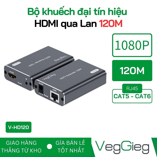 Bộ khuếch đại kéo dài tín hiệu HDMI qua lan 120M có điều khiển từ xa IR - V-HD120 cao cấp