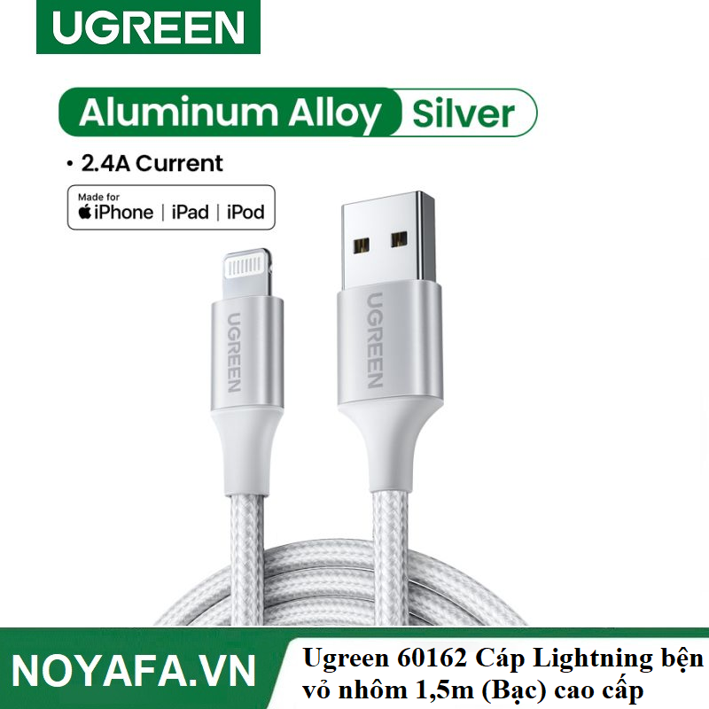 Ugreen 60162 Cáp Lightning bện vỏ nhôm 1,5m (Bạc) cao cấp