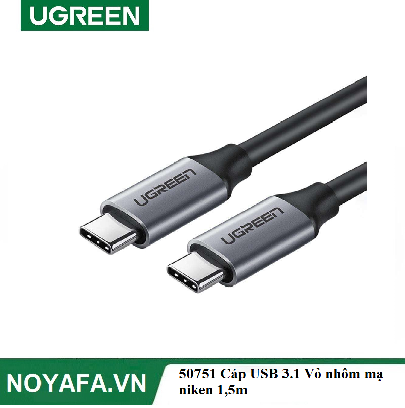 UGREEN 50751 Cáp USB 3.1 Type C Male sang Type C Male Vỏ nhôm mạ niken 1,5m (Xám)