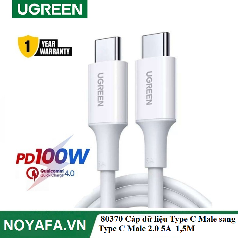 UGREEN 80370 Cáp dữ liệu Type C Male sang Type C Male 2.0 5A màu trắng 1,5M cao cấp