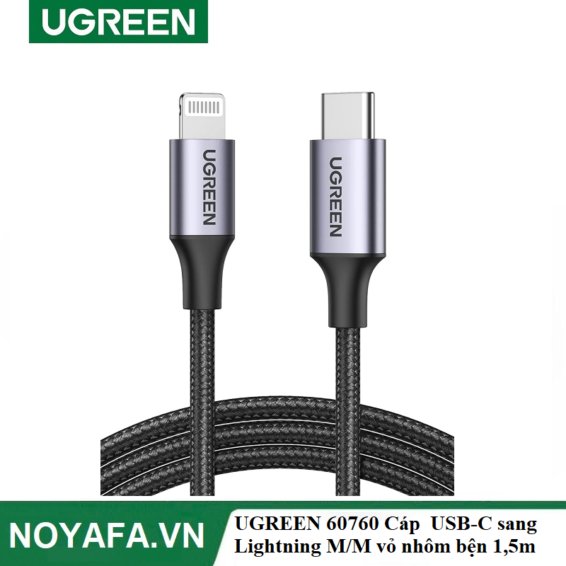 UGREEN 60760 Cáp  USB-C sang Lightning M/M vỏ nhôm bện dài 1,5m (Đen) chính hãng