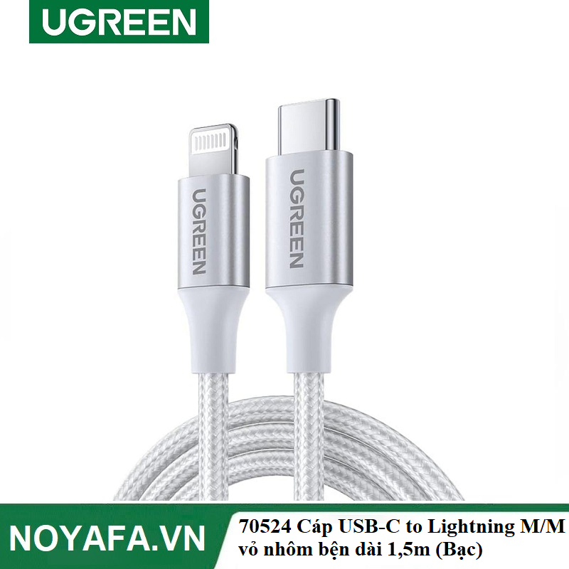 UGREEN 70524 Cáp USB-C to Lightning M/M vỏ nhôm bện dài 1,5m (Bạc) cao cấp