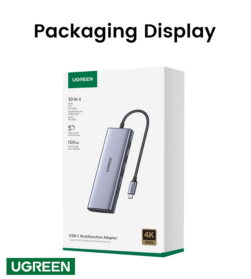 Ugreen 15601 USB-C đến 3xUSB-A 3.0 + HDMI + VGA+ RJ45(LAN) + SD/TF +3,5mm+PD 4K30Hz cao cấp