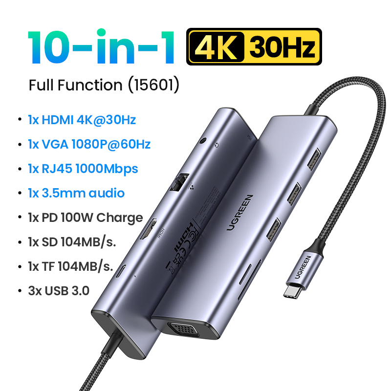 Ugreen 15601 USB-C đến 3xUSB-A 3.0 + HDMI + VGA+ RJ45(LAN) + SD/TF +3,5mm+PD 4K30Hz cao cấp