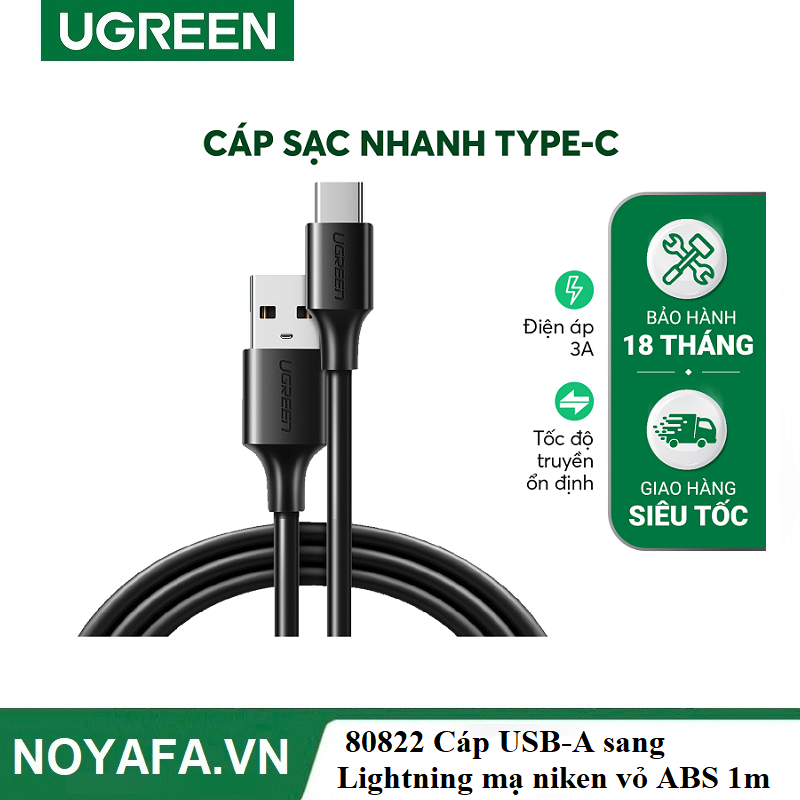 UGREEN 80822 Cáp USB-A sang Lightning mạ niken vỏ ABS 1m (Đen) chính hãng