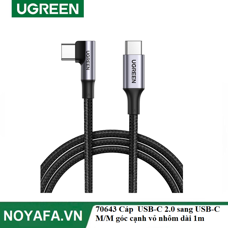 UGREEN 70643 Cáp  USB-C 2.0 sang USB-C M/M góc cạnh vỏ nhôm có bện dài 1m (Đen) cao cấp