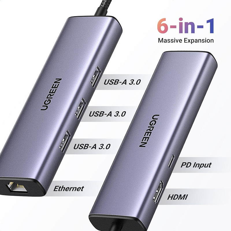 Ugreen 15598 Bộ chuyển đổi USB-C sang 3*USB 3.0 A+HDMI+RJ45+PD 4K@30Hz với PD