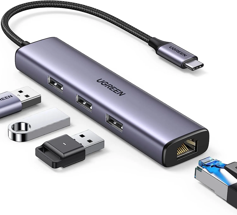 Ugreen 60600 Bộ hub chia USB Type-C to 3 cổng USB 3.0 kèm Lan Gigabit