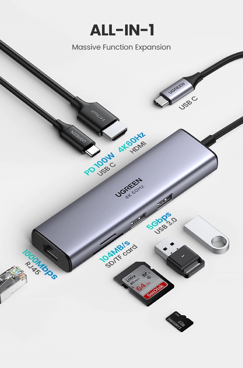 Ugreen 60515 - Bộ chuyển đổi đa năng USB-C sang 2xUSB3.0+HDMI 4K@60Hz +SD&TF+RJ45+PD (7 IN 1)