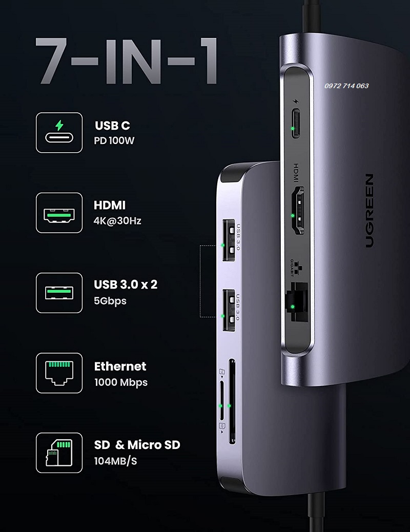 Ugreen 50852 - Bộ chuyển đa năng USB-C sang 2xUSB3.0+HDMI 4K30HZ+RJ45(Gigabit)+SD+TF+PD  (7 IN 1)