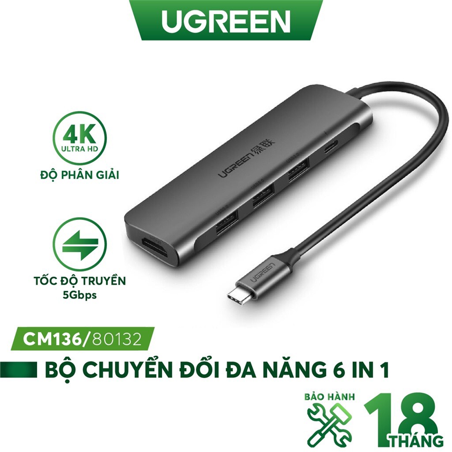 Ugreen 80132 - Bộ chuyển đổi đa năng USB-C sang HDMI 4K30HZ+3*USB 3.0 A+ AUX3.5mm+PD (6 IN 1)