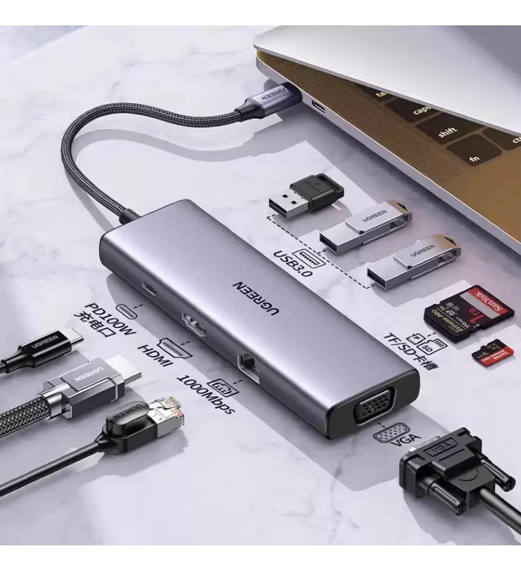 Ugreen 15600 Bộ chuyển đổi USB-C sang 3*USB 3.0 A+HDMI+VGA+RJ45 Gigabit+SD/TF+PD 4K@30Hz với PD