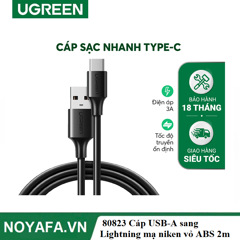 UGREEN 80823 Cáp USB-A sang Lightning mạ niken vỏ ABS 2m (Đen) chính hãng