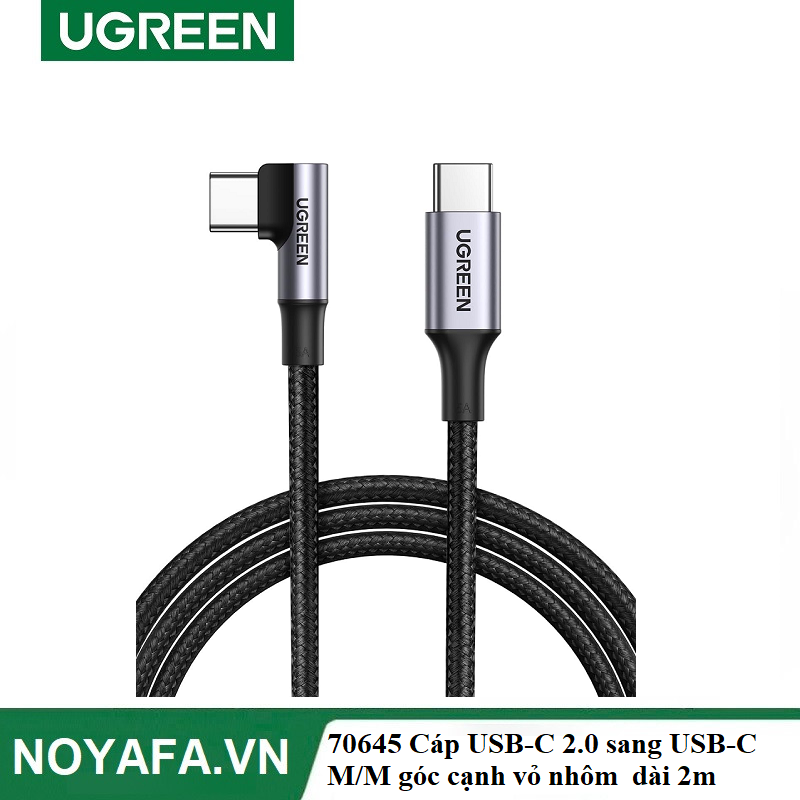 UGREEN 70645 Cáp  USB-C 2.0 sang USB-C M/M góc cạnh vỏ nhôm có bện dài 2m (Đen) cao cấp