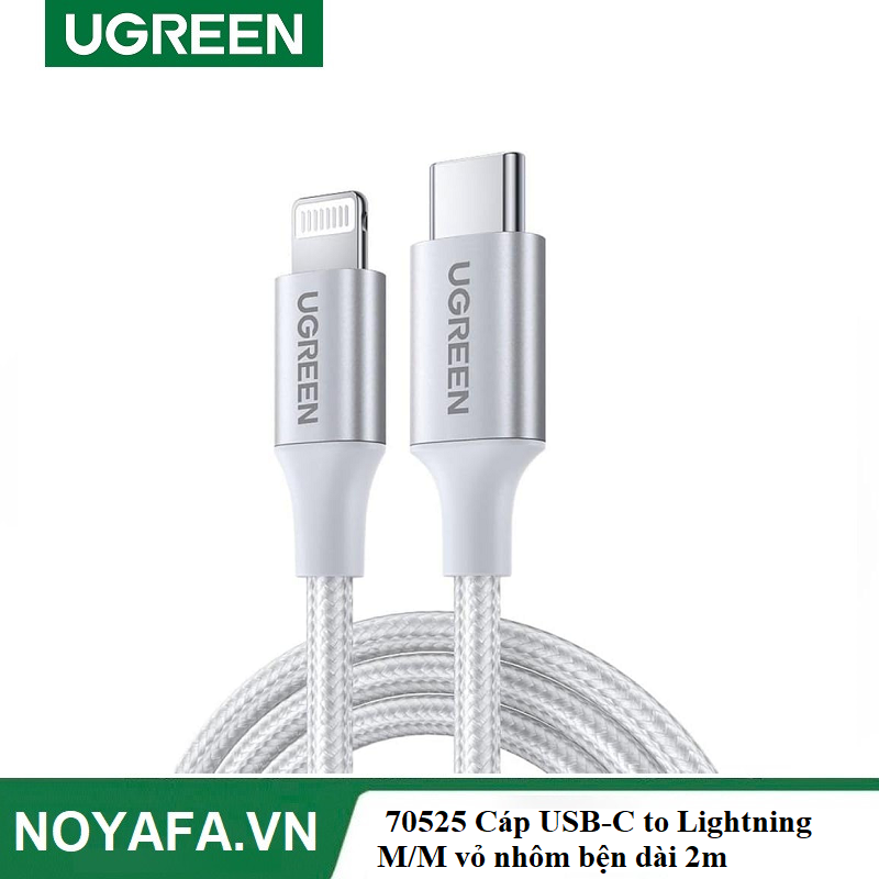 UGREEN 70525 Cáp USB-C to Lightning M/M vỏ nhôm bện dài 2m (Bạc) cao cấp