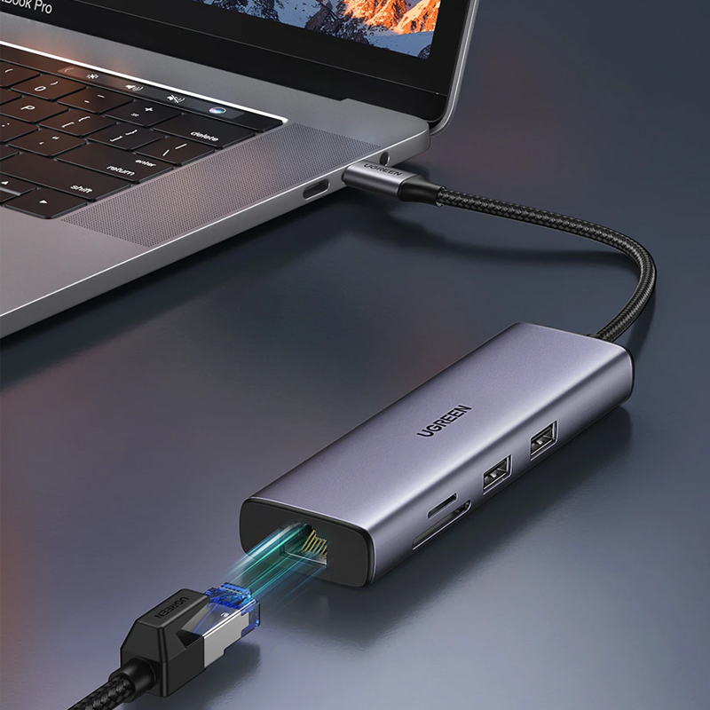 Ugreen 90568 Bộ chuyển đổi cổng USB-C sang 2*USB3.0+HDMI+RJ45+SD&TF +PD 4K30Hz