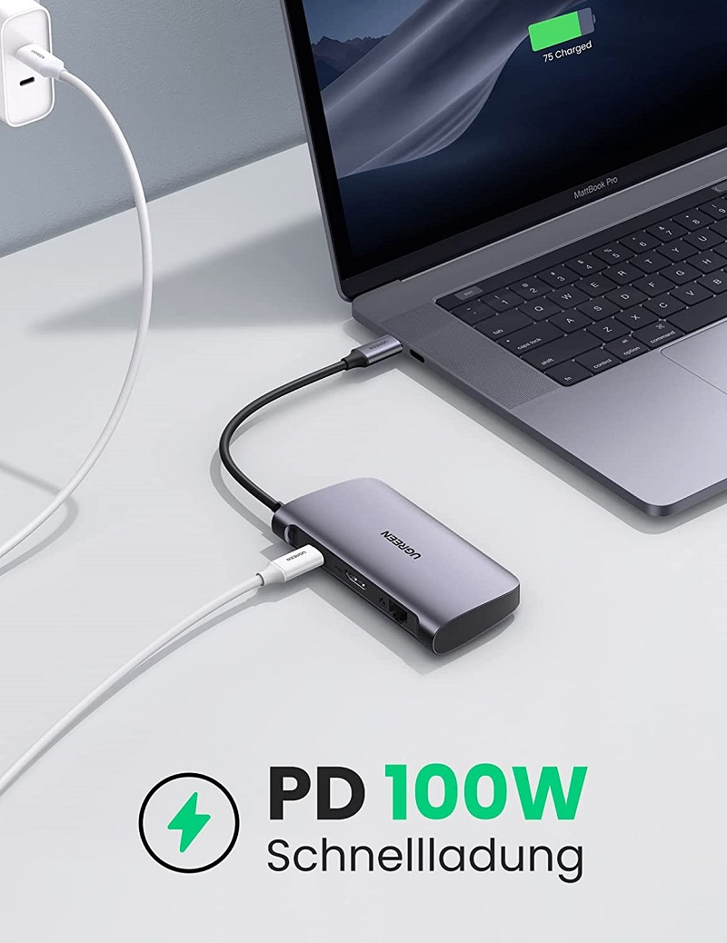 Ugreen 50852 - Bộ chuyển đa năng USB-C sang 2xUSB3.0+HDMI 4K30HZ+RJ45(Gigabit)+SD+TF+PD  (7 IN 1)