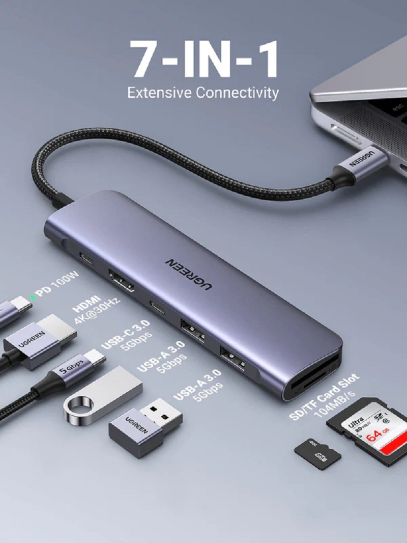 Ugreen 15214 Bộ chuyển đổi USB-C đến 2xUSB3.0+USB-C+HDMI+SD&TF+PD 4K@30Hz