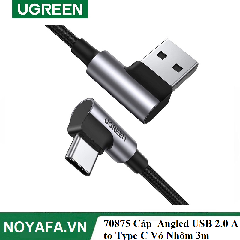 Ugreen 70875  Cáp UGREEN Angled USB 2.0 A to Type C Vỏ Nhôm Mạ Niken 3m (Đen)