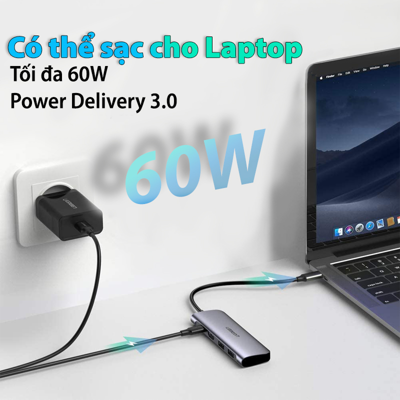 Ugreen 70411 - Bộ chuyển USB typeC sang 2xUSB3.0+HDMI (4K30HZ)+SD TF + PD 6 IN 1