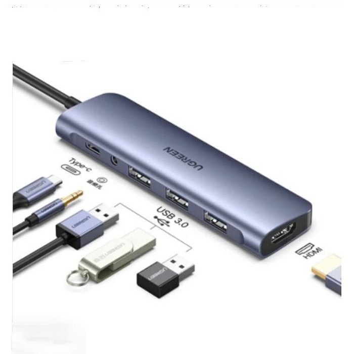 Ugreen 80132 - Bộ chuyển đổi đa năng USB-C sang HDMI 4K30HZ+3*USB 3.0 A+ AUX3.5mm+PD (6 IN 1)