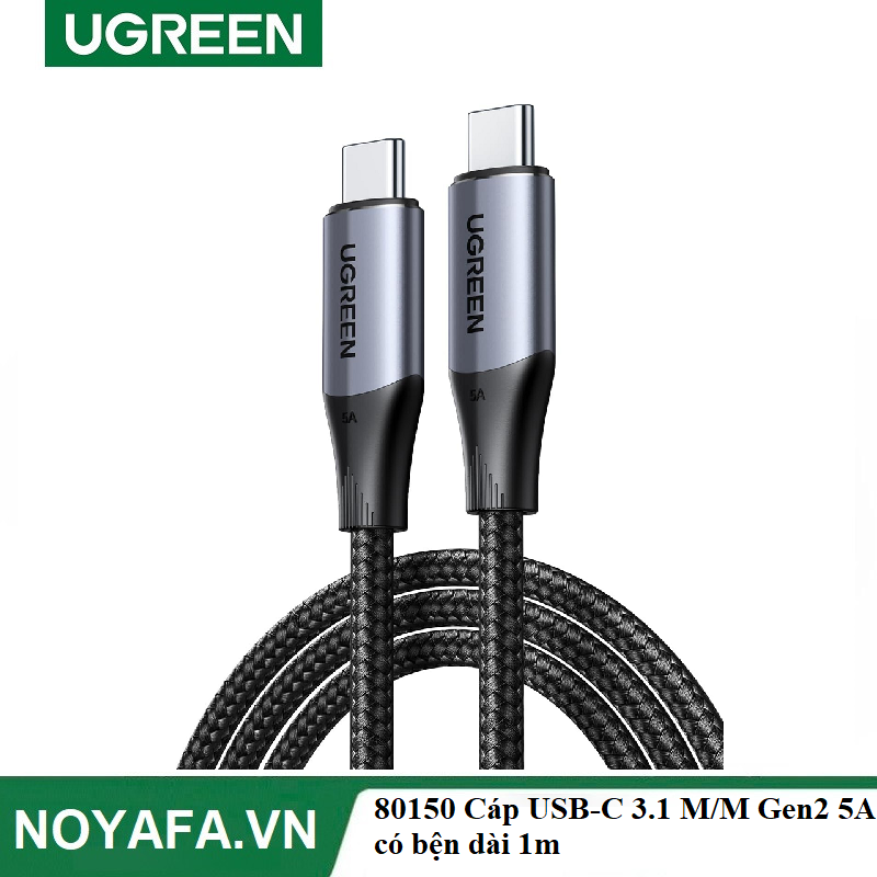 UGREEN 80150 Cáp USB-C 3.1 M/M Gen2 5A có bện dài 1m (Đen) cao  cấp