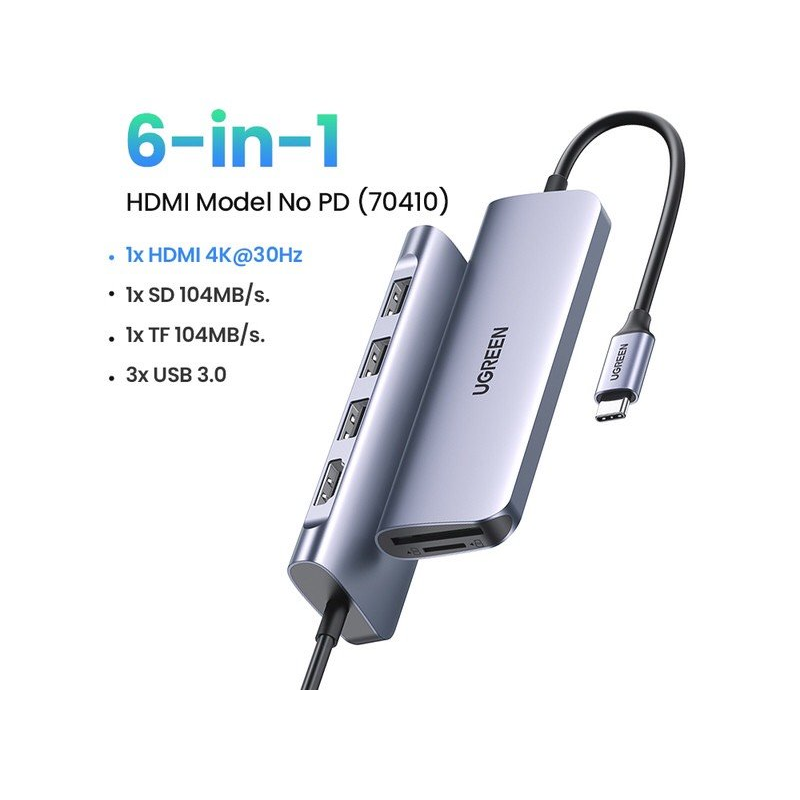 Ugreen 70410 - Bộ chuyển USB-C sang 3 Ports USB3.0-A Hub + HDMI 4K30HZ + TF/SD 6 IN 1