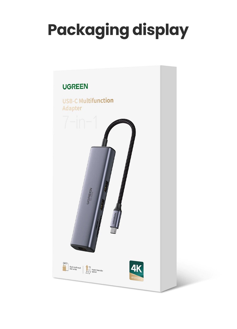 Ugreen 60515 - Bộ chuyển đổi đa năng USB-C sang 2xUSB3.0+HDMI 4K@60Hz +SD&TF+RJ45+PD (7 IN 1)