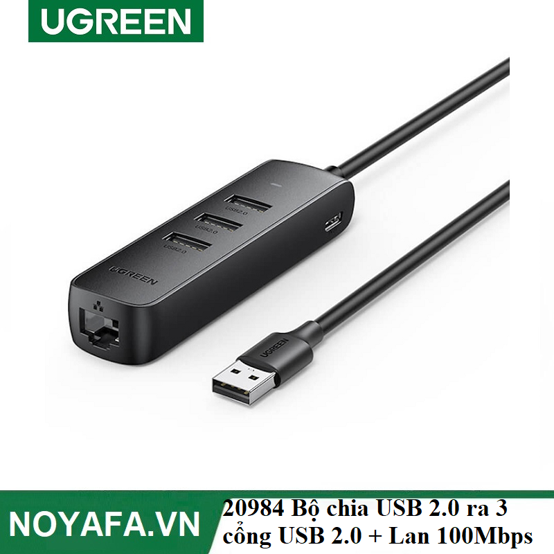 Ugreen 20984 Bộ chia USB 2.0 ra 3 cổng USB 2.0 + Lan 100Mbps cao cấp (hỗ trợ nguồn USB Type-C)