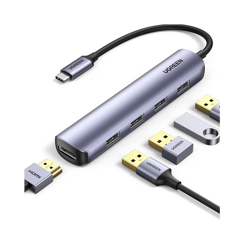 Ugreen 15596 Bộ chuyển đổi nguồn USB-C sang HDMI+3*USB 3.0 A+PD 4K@30Hz cao cấp