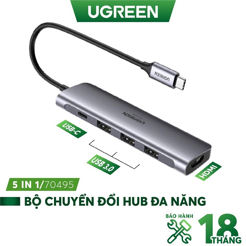 Ugreen 70495 Bộ chuyển đổi nguồn UGREEN USB Type C sang USB 3.0*3 + HDMI + PD 4K@60Hz