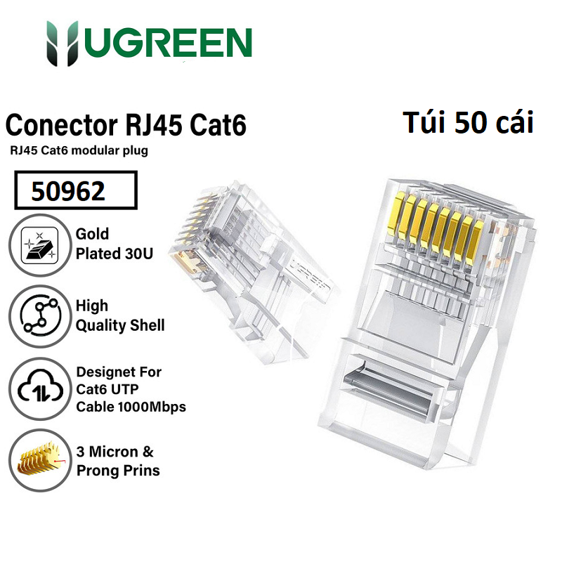 Ugreen 50962, Đầu bấm mạng RJ45 Cat6 Cao Cấp (Túi 50 cái)