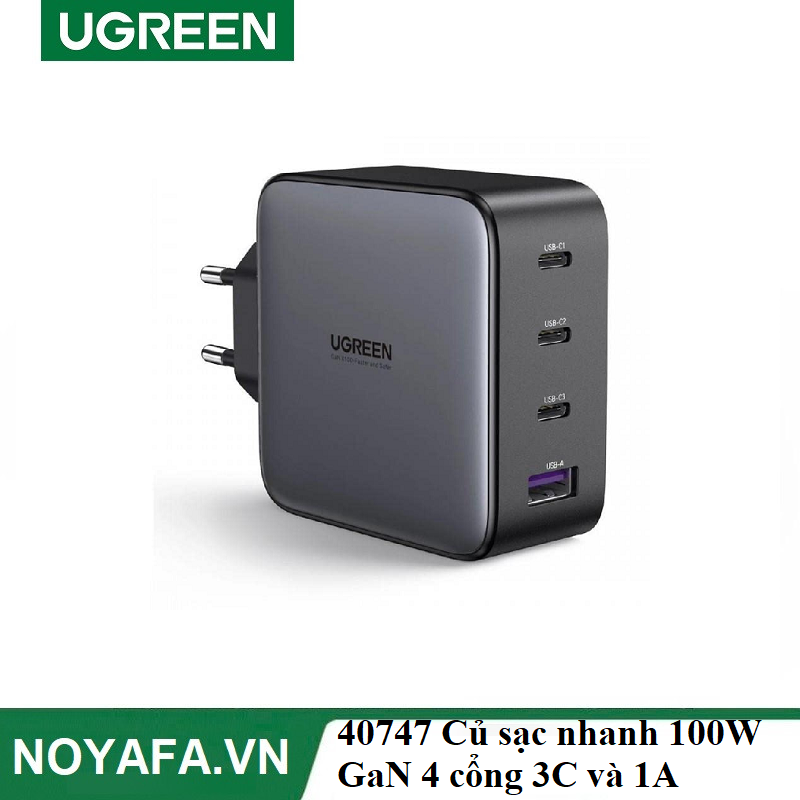 Ugreen 40747 Củ sạc nhanh 100W GaN 4 cổng 3 USB-C và 1 USB Type-A  cao cấp