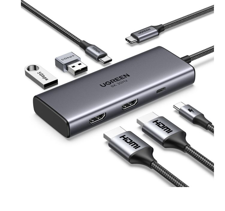 Ugreen 15852 Bộ chuyển đổi cổng USB-C sang 2*USB-A 3.0+USB-C 3.0+2*HDMI+PD 2*HDMI có PD