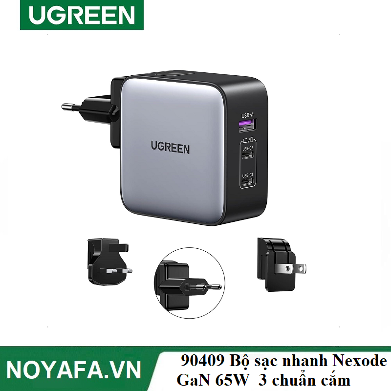 UGREEN 90409 Bộ sạc nhanh Nexode GaN 65W  2 cổng USB Type-C + USB-A Màu Đen kèm 3 chuẩn cắm US EU UK