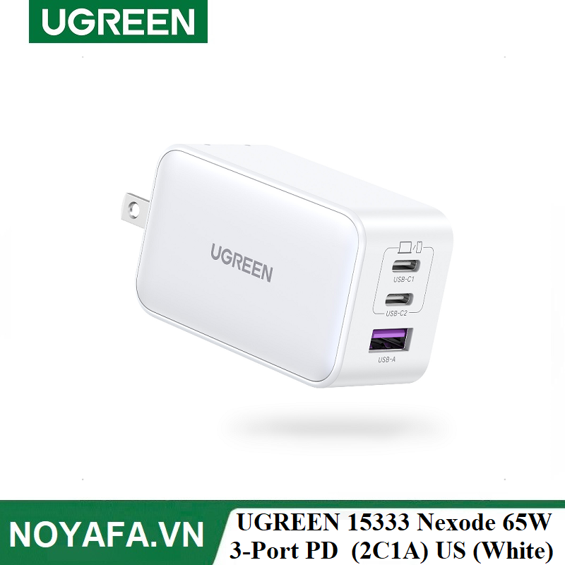 UGREEN 15333 Nexode 65W 3-Port PD GaN Fast Charger (2C1A) US (White)