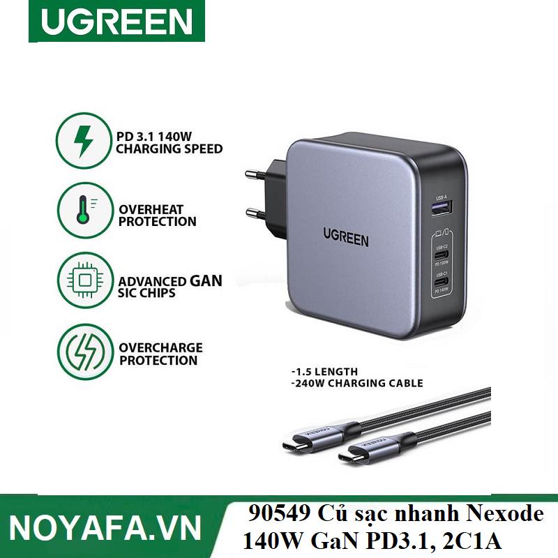 Ugreen 90549 Củ sạc nhanh Nexode 140W GaN PD3.1, 2C1A  cao cấp chân cắm EU