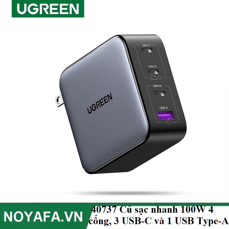 UGREEN 40737 Củ sạc nhanh 100W 4 cổng, 3 USB-C và 1 USB Type-A Chính Hãng