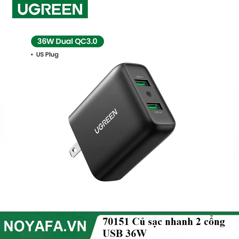 UGREEN 70151 Củ sạc nhanh  2 cổng USB 36W Fast Charger chân cắm chuẩn Mỹ (Đen) chính hãng