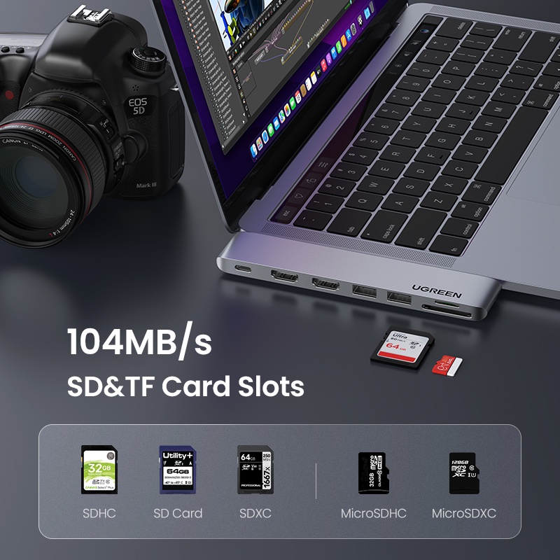 80856 Ugreen - Bộ Hub chuyển đổi 2xUSB C sang 2xUSB 3.0, 1xHDMI, 1xSD Card, 1xTF Card, 1xUSB-C