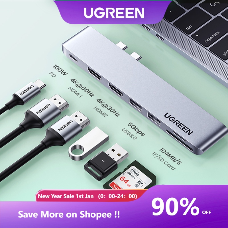 80856 Ugreen - Bộ Hub chuyển đổi 2xUSB C sang 2xUSB 3.0, 1xHDMI, 1xSD Card, 1xTF Card, 1xUSB-C