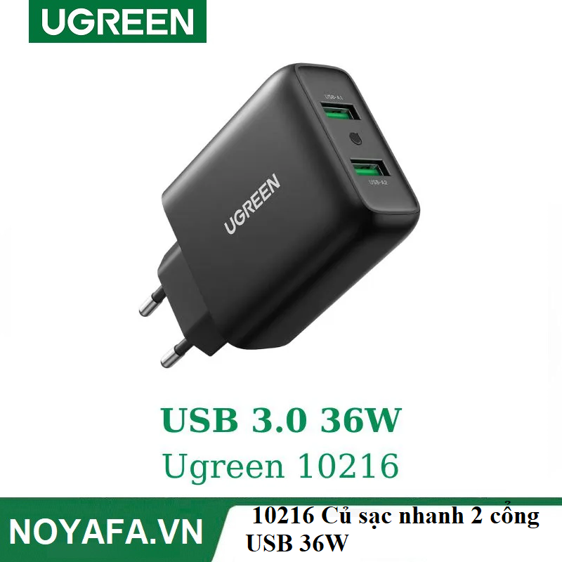 UGREEN 10216 Củ sạc nhanh 2 cổng USB 36W Fast Charger chân cắm chuẩn Anh (Đen)