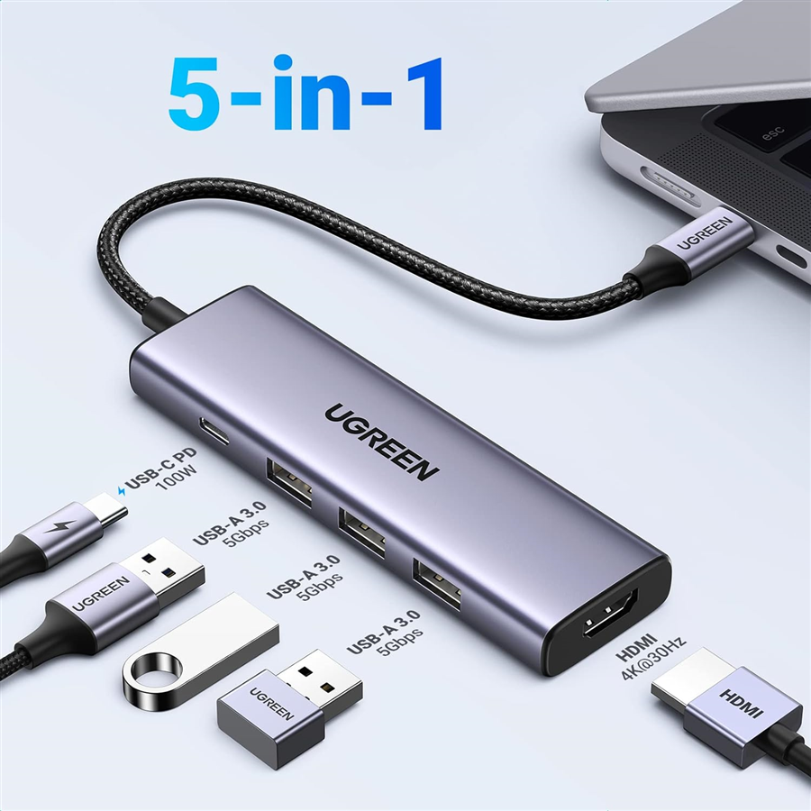 Ugreen 15596 Bộ chuyển đổi nguồn USB-C sang HDMI+3*USB 3.0 A+PD 4K@30Hz cao cấp